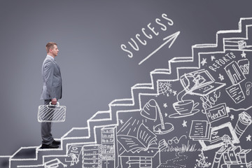 Businessman stands on career success stairs ,drawn on a chalkboa