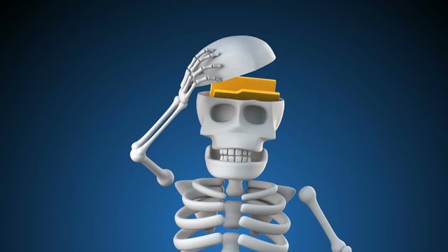 Looping 3d animation of a skeleton revealing a folder inside its skull