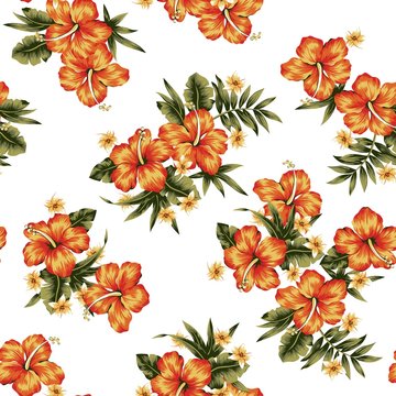 Orange Tropical Flowers Seamless Pattern