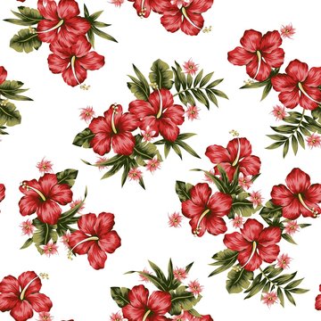 Red Tropical Flowers Seamless Pattern