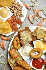 Fast food snacks composition with text copy pistachios nuts drie