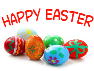 Easter greeting card. Painted eggs isolated on white