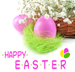 Easter greeting card. Pink eggs and gypsophila isolated on white