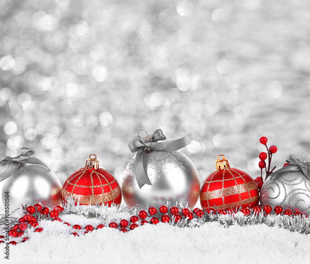 Canvas Prints Christmas balls on shiny silver background