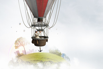 Elegant man traveling in aerostat