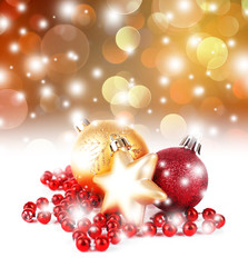 Christmas balls on shiny golden background