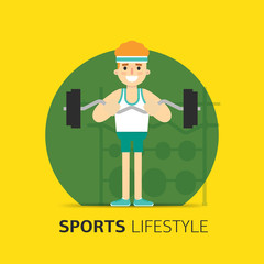 Gym bodybuilding concept design. Vector flat. Man performs exercises with a barbell. Cartoon illustration. Sport lifestyle. Healthy life.