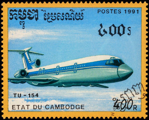 Passenger aircraft Tu-154 on postage stamp
