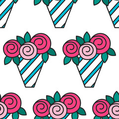 Bouquet of roses. Seamless pattern with flowers on white background.