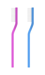 Pink, blue toothbrushes. Care of teeth, mouth. Flat color icons