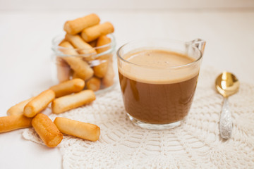 coffee and flour sticks on a table, selective focus