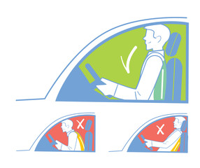 Correct and incorrect position when riding in the car, back pain.