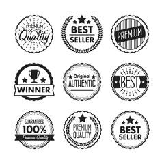 Obraz premium Collection of Premium Quality, Guarantee Labels, Best Seller and Winner icon with retro vintage styled design. Outline symbol collection. Stroke bitmap logo concept for web graphics. 
