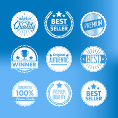 Collection of Premium Quality, Guarantee Labels, Best Seller and Winner icon with retro vintage styled design. Outline symbol collection. Stroke bitmap logo concept for web graphics. 