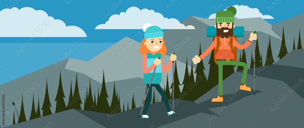 Wall mural Backpackers hiking on the path of mountain. Hikers walking, outdoor camping.