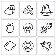 Vector Set of Long Life Icons. Pulse, Motion, Nature, Vitamins, Laugh, Sport, Sleep, Sobriety, Love.