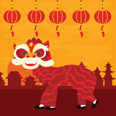 Chinese traditional dragon dance barongsai happy new lunar year celebration attraction red color
