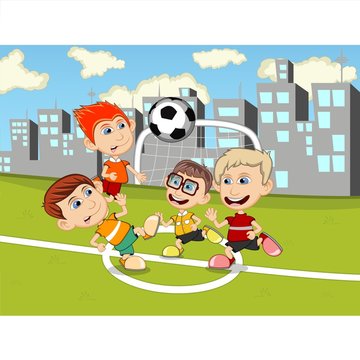 Children playing soccer in the park cartoon