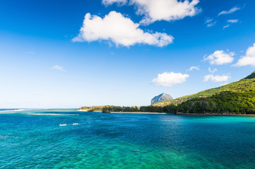 Beautiful seascape with a mountain of Le Morne Brabant in the background. Mauritius Island