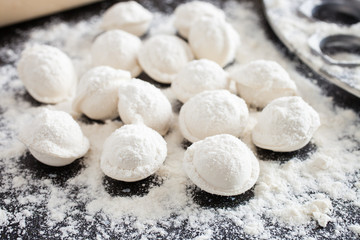 Traditional Russian meat dumplings, cooking illustration, selective focus