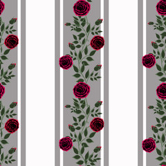 Seamless flowers from red rose pattern on a white background with grey lines