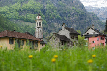 The village of Sonogno in the valley of the Verzasca river, Switzerland