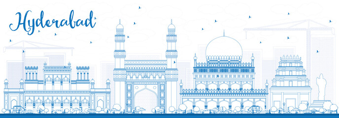 Outline Hyderabad Skyline with Blue Landmarks.