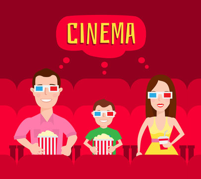 happy family in 3d glasses sitting and watching 3d movie cinema theater concept illustration 