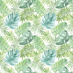 Tropical seamless pattern with leaves. Watercolor background with tropical leaves. - 108509738