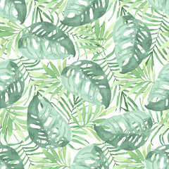 Tropical seamless pattern with leaves. Watercolor background with tropical leaves. - 108509770