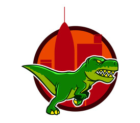 Vector illustration of running green dinosaurs and big city background