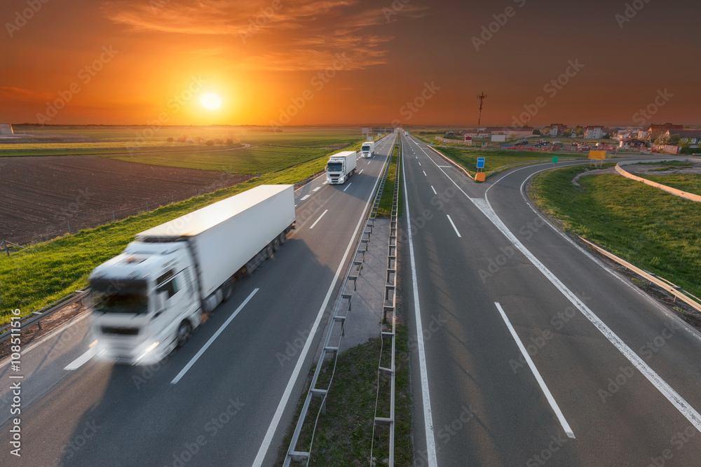 Wall mural delivery transport truck in motion blur on the highway at sunset