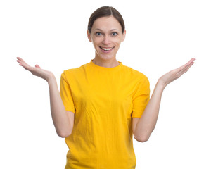 young woman in blank yellow t-shirt