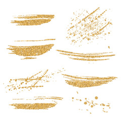 Vector gold paint smears set. Gold glitter element on white background. Gold shiny paint stroke. Abstract gold glitter dust. Gold glittering paint stains.