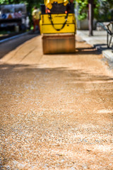 Construction roller or steamroller during road construction. Asp
