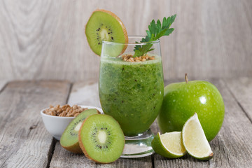 healthy fruit and vegetable smoothie with sprouts, close-up