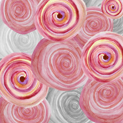 Watercolor abstract background with pink and gray spiral whirlpo