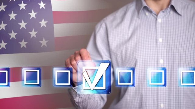 Male hand touching a vote checkbox on USA flag background