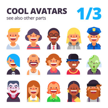 Set of cool avatars. Different skin tones, clothes and hair styles. Modern and simple flat cartoon style. Part 1 of 3. See also other parts.