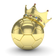 Soccer  ball with golden royal crown is a symbol of competition and winner's trophy on white. 3D rendering.
