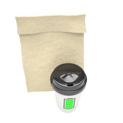 Coffee to go and lunch bag, on white. 3d rendering.