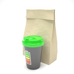 Coffee to go and lunch bag, on white. 3d rendering.