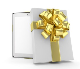 Tablet in white gift box with golden bow and ribbons on white. 3D rendering.