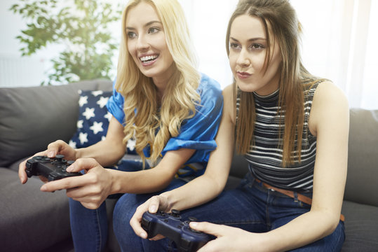 Girls playing a video game