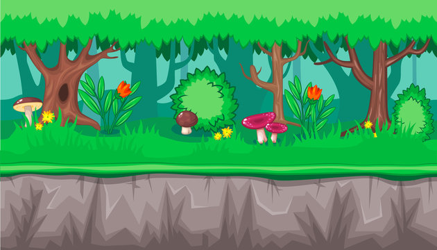 Seamless summer forest landscape with pink mushrooms for game design