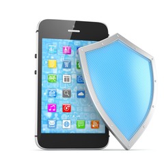 Smartphone and shield on white, security concept. 3d rendering.