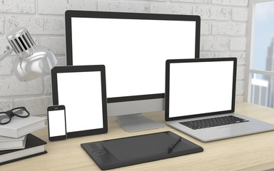 Fototapeta premium Responsive mockup screen. Monitor, laptop, tablet, phone on table in office. 3d rendering.