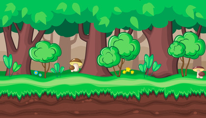Seamless summer forest landscape with boletus for game design