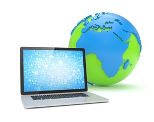 Laptop network and earth globe. 3d render