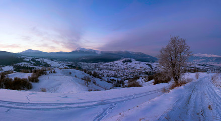 Carpathian mountain valley covered with fresh snow. Majestic lan